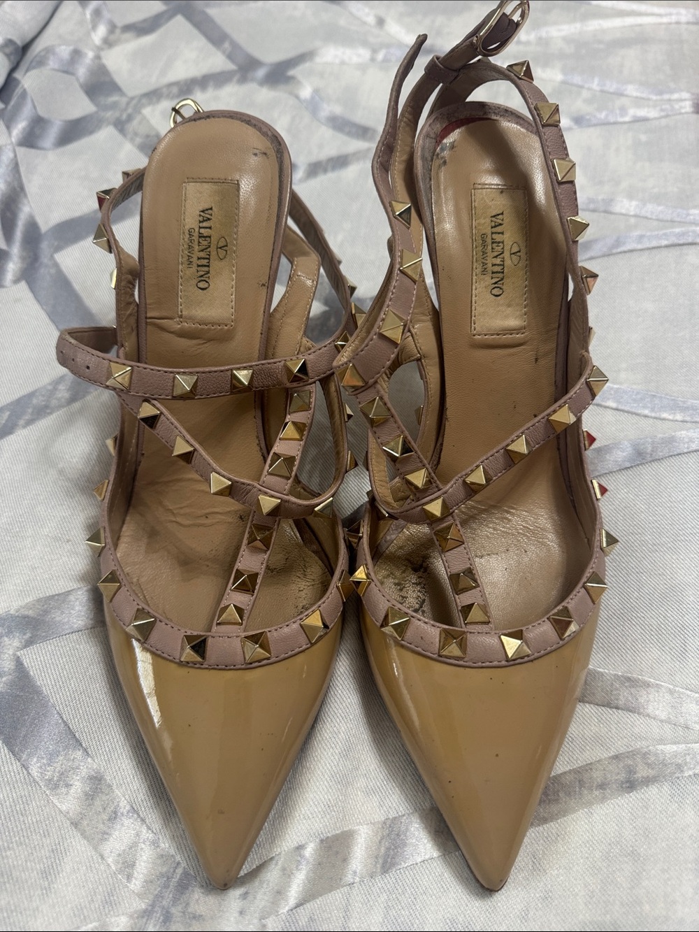 Valentino Rockstud Pointed Toe Strappy Pumps in Nude